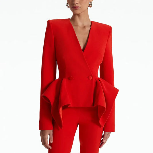 Red peplum blazer and flare trousers suit set