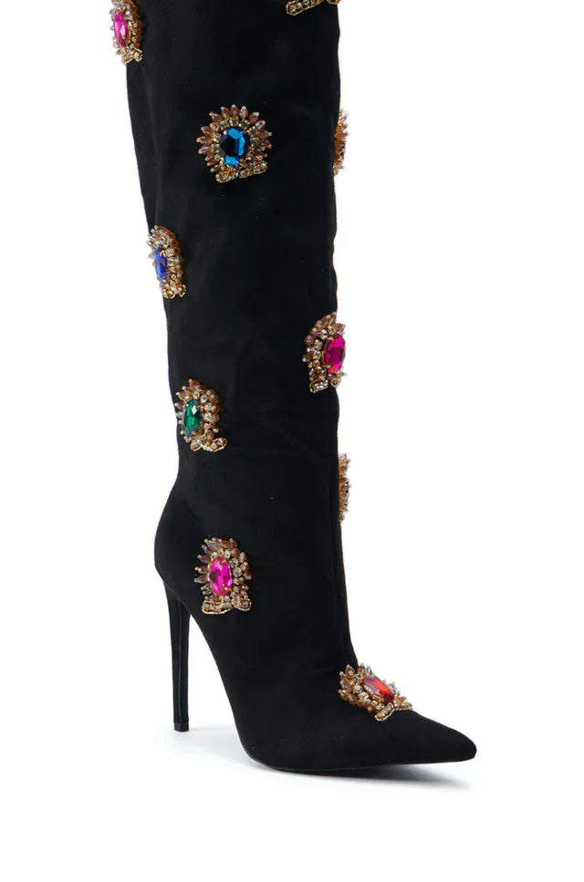 Black knee-high boot with colorful gemstone embellishments