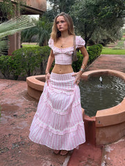 Striped ruffle crop top and maxi skirt set
