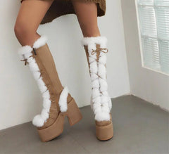 Zip Faux Fur Chunky High Heeled Boots