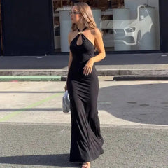 Gold Ring Halter Neck Column Maxi Dress
