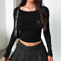 Black Pleated Long Sleeve Solid Top