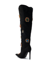 Suede Crystal Pointed Toe Heels Knee Boots