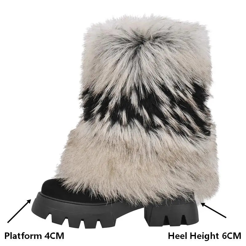 Platform and heel height measurement on faux fur boots.