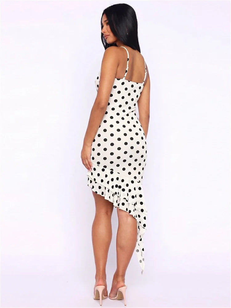 Polka dot lace trim asymmetric ruffle hem mini dress back view
