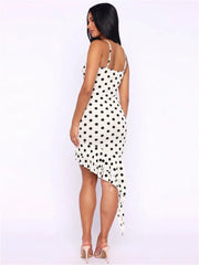 Polka dot lace trim asymmetric ruffle hem mini dress back view