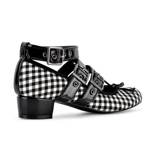 Gingham buckle strap block heel pumps side view