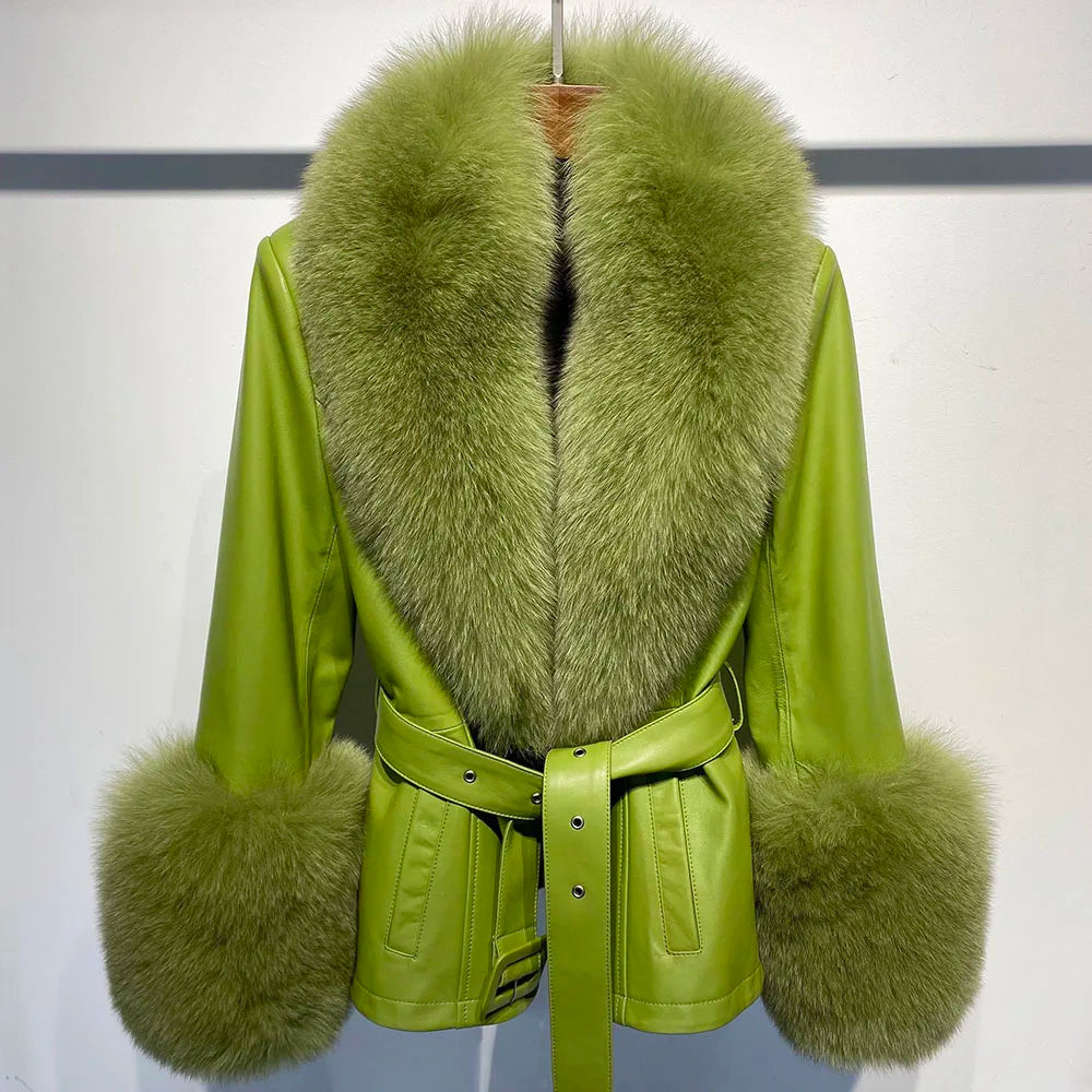 Green leather jacket with fur collar and cuffs