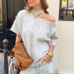 Gray cutout one shoulder knit top