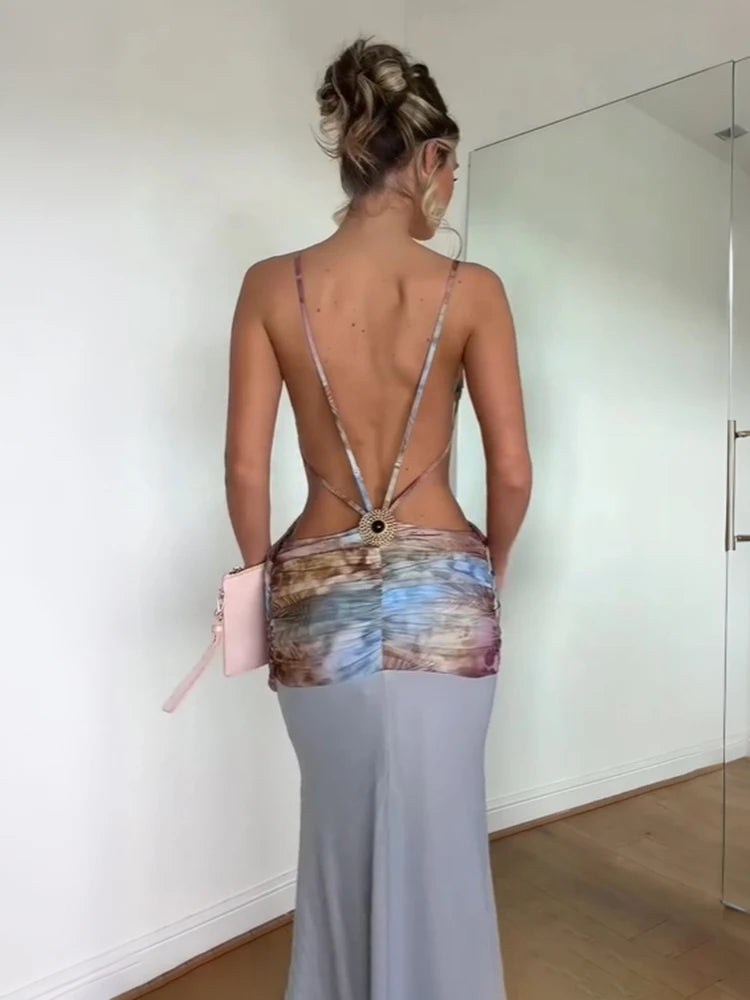 Patchwork cutout v-neck maxi dress back detail