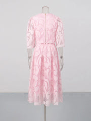 O-Neck Lace Overlay Puff Sleeve Cropped Top and Pleated Midi Skirt Set