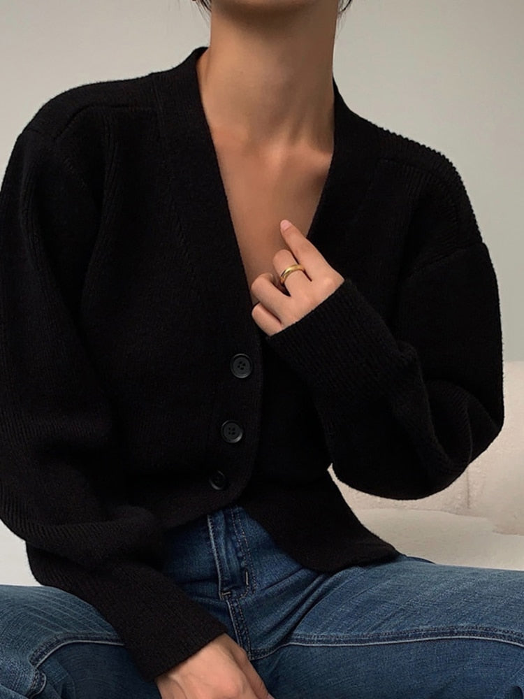 V-Neck Solid Single Breasted Long Sleeve Cardigan