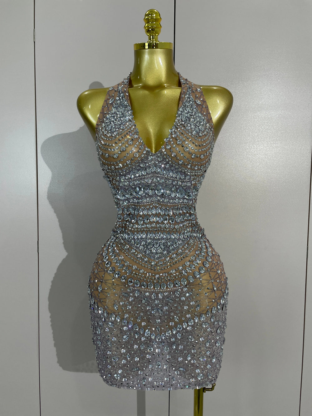 Sparkling rhinestone halter mini dress front view