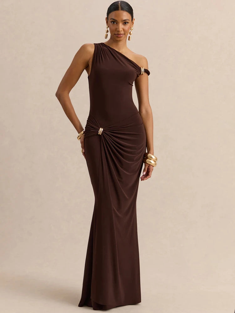 Brown one shoulder ruched maxi dress