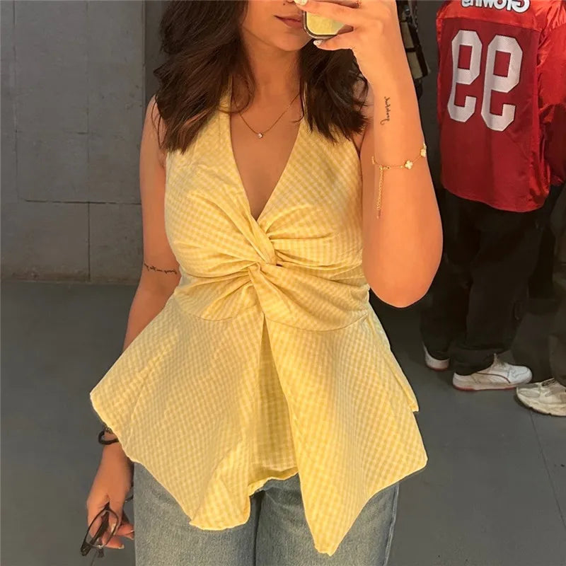 Yellow gingham twist front halter peplum top detail