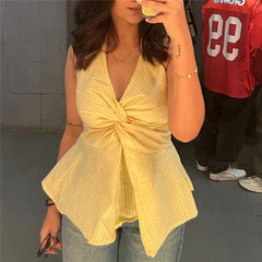 Yellow gingham twist front halter peplum top detail
