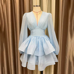 V-Neck Puff Sleeve Tiered Mini Dress