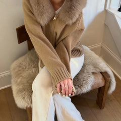 Hooded Faux Fur Trim Knit Jacket
