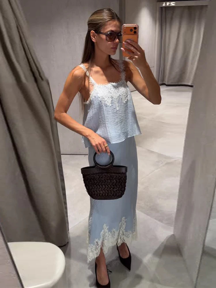 Blue lace trim tank top and maxi skirt set