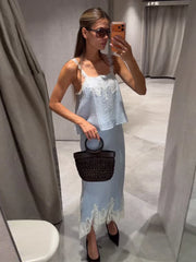 Blue lace trim tank top and maxi skirt set