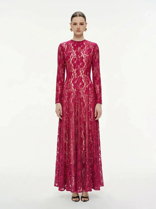 Fuchsia long sleeve lace embellished maxi dress