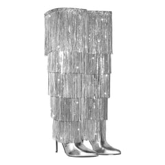 Pointed Toe Metallic Fringe Boots