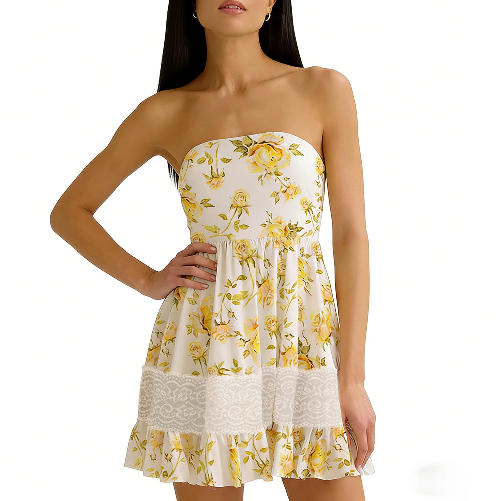 Strapless lace trim mini dress with yellow floral print and hand on hip