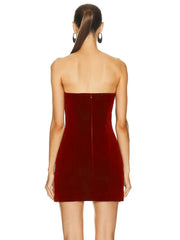 Red Velvet Strapless Diamond Heart Mini Dress- Golden Atelier