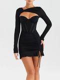 Black Mesh Long Sleeve Strapless Lace-up Mini Dress