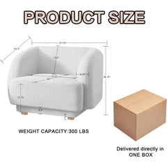 Gray armchair with dimensions and weight capacity information, next to a cardboard box.