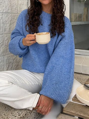 Round Neck Lantern Sleeved Blue Pullover Sweater