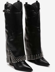 Black leather knee-high boots with pointed toe, silver stud embellishments, and buckle detail