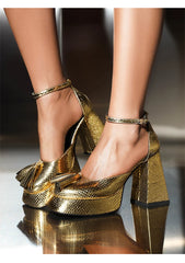 Woman wearing Shiny Gold platform heels, showcasing their height and glamorous design. Golden Atelier 3