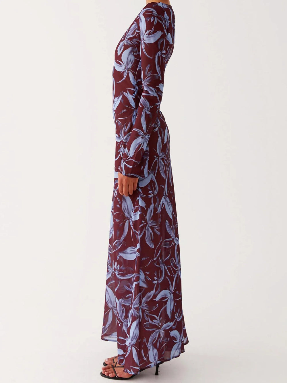 Long burgundy dress with floral pattern