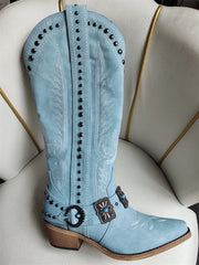 Light blue embroidery buckle knee high boot