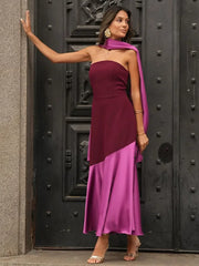 Satin Patchwork With Scarf Off Shoulder Long Dress