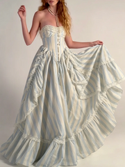 Strapless striped ruffled gown with cascading layers