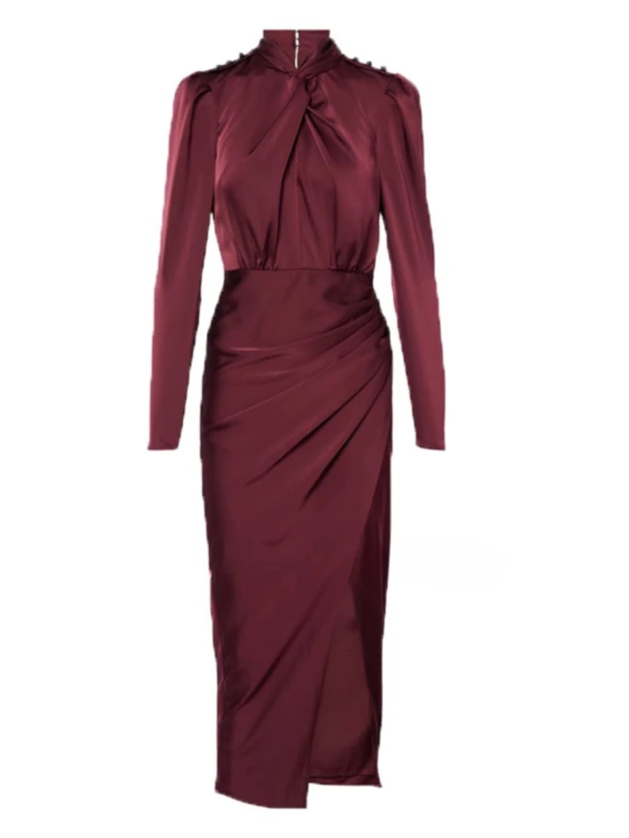 Burgundy High Neck Long Sleeve Satin Midi Dress Golden Atelier Burgundy High Neck Long Sleeve Satin Midi Dress Golden Atelier
