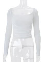 White Ruched Off Shoulder Long Sleeve Top