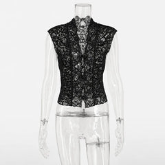 Black Sheer V-Neck Lace Cap Sleeve Top