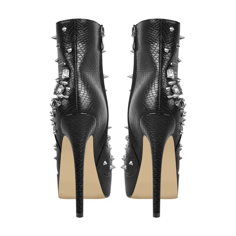 Back view of black studded and rhinestone platform ankle boots