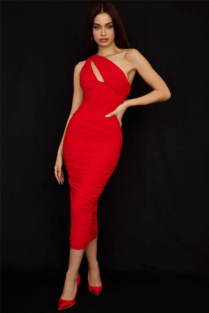 One-shoulder ruched corset midi dress with a sculpted fit