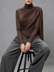 Brown Ruched Turtleneck Long Sleeve Top
