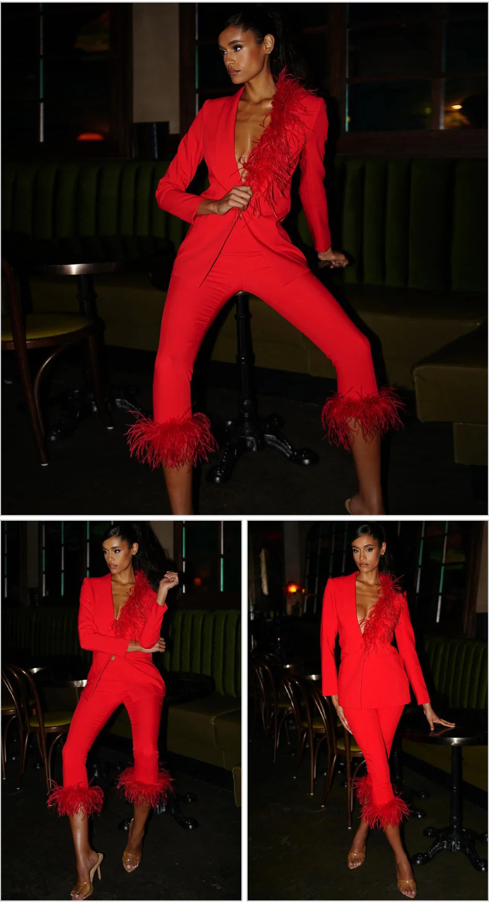 Woman in a red outfit with feathered details posing in a dark room.