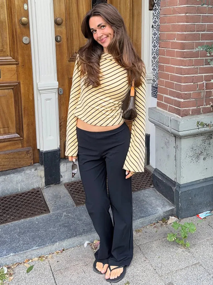 Striped flare sleeve boat neck crop top