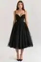 Black strapless gown with a long skirt on a plain background