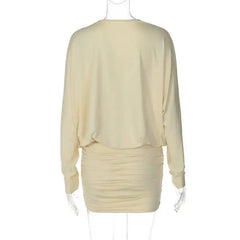 Ruched Draped V Neck Long Sleeve Mini Dress