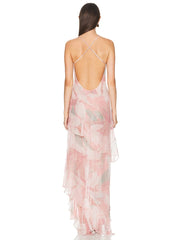 Spaghetti Strap Floral Print Ruffle High-Slit Asymmetrical Hem Maxi Dress