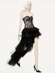 Lace Corset Asymmetrical Tulle Hem Gown