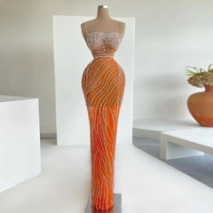 Orange Crystal Mermaid Evening Dresses Spaghetti Straps Long Formal Dress for Women Wedding Party  Golden Atelier 1